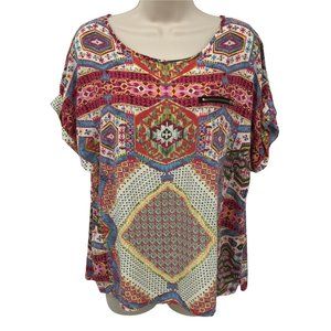 Raindrops By Papillon Womens Boho Print Cuffed Sleeves Multicolor Blouse Size M